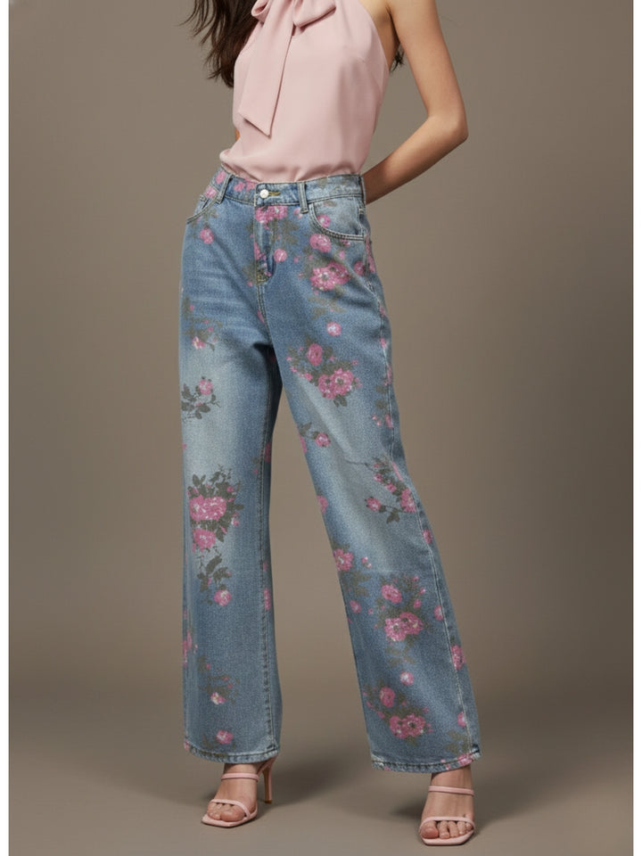 Light Blue High Waist Printed Jeans