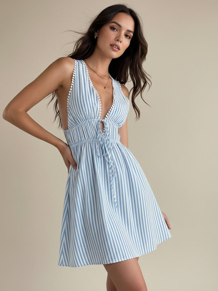 Blue Halter Neck Cinched Waist Skater Dress