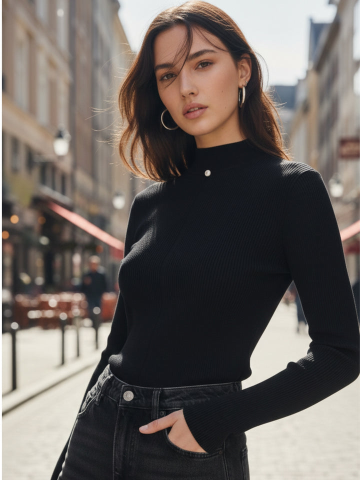 Black Full Sleeve Mock Neck Fitted Top