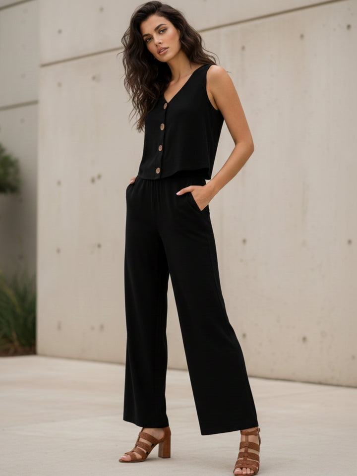 Black Sleeveless Front Button Top And Pant Set