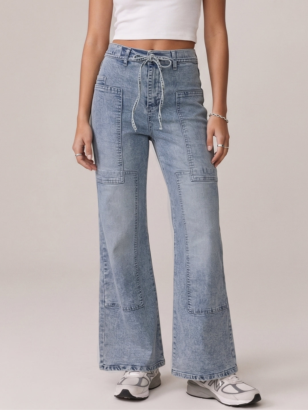 Blue Belt Tie Up Details Baggy Denim