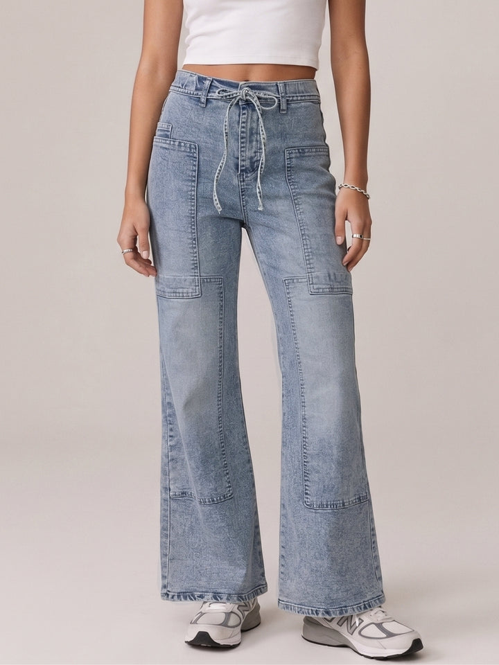 Blue Belt Tie Up Details Baggy Denim