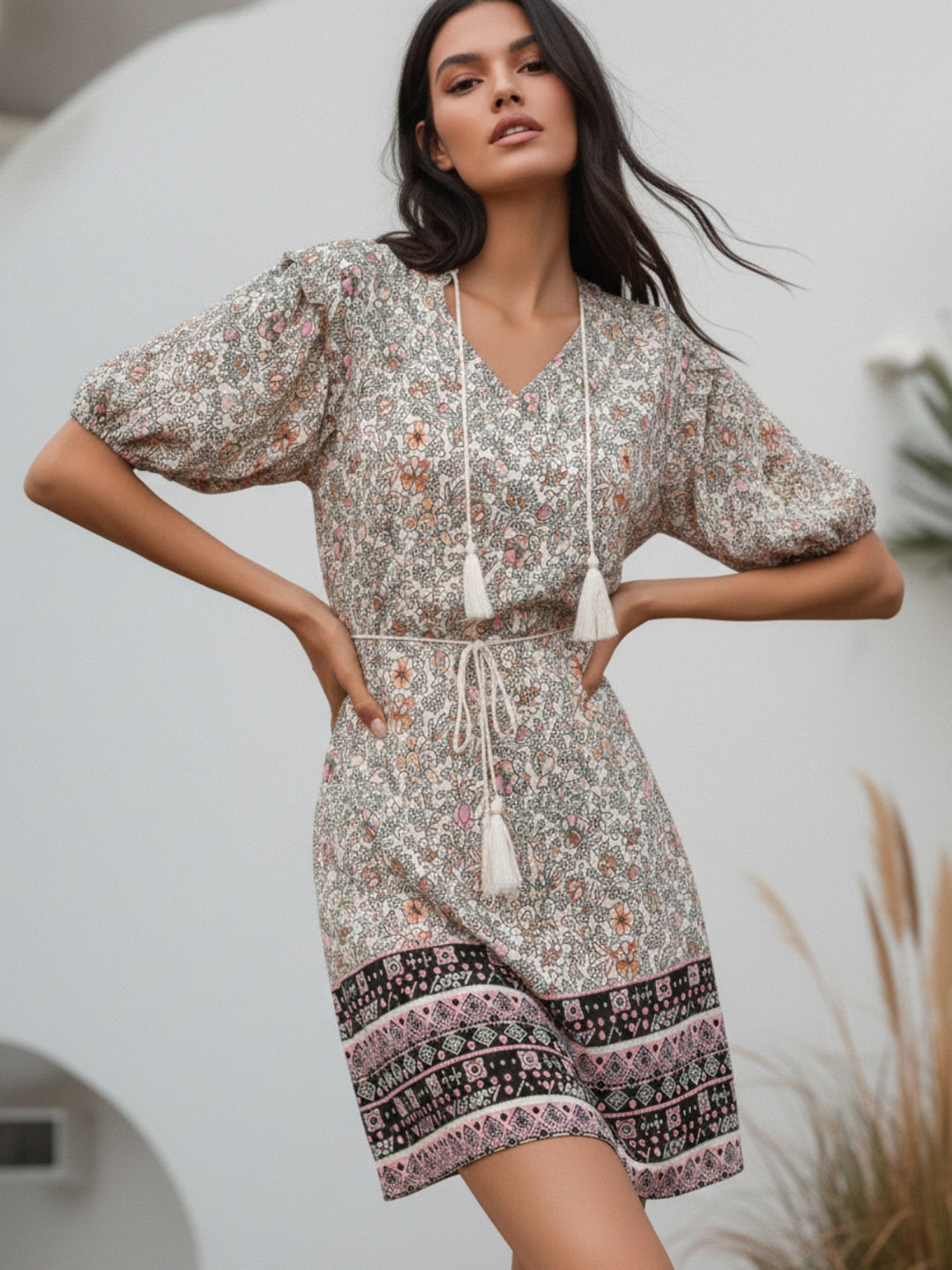 Multi Puff Sleeve Tie-Up Printed Dress