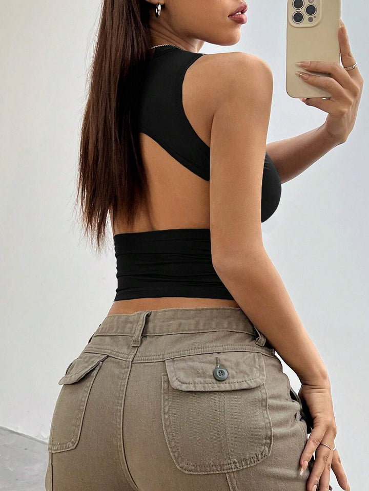 Black Solid Racer Backless Tank