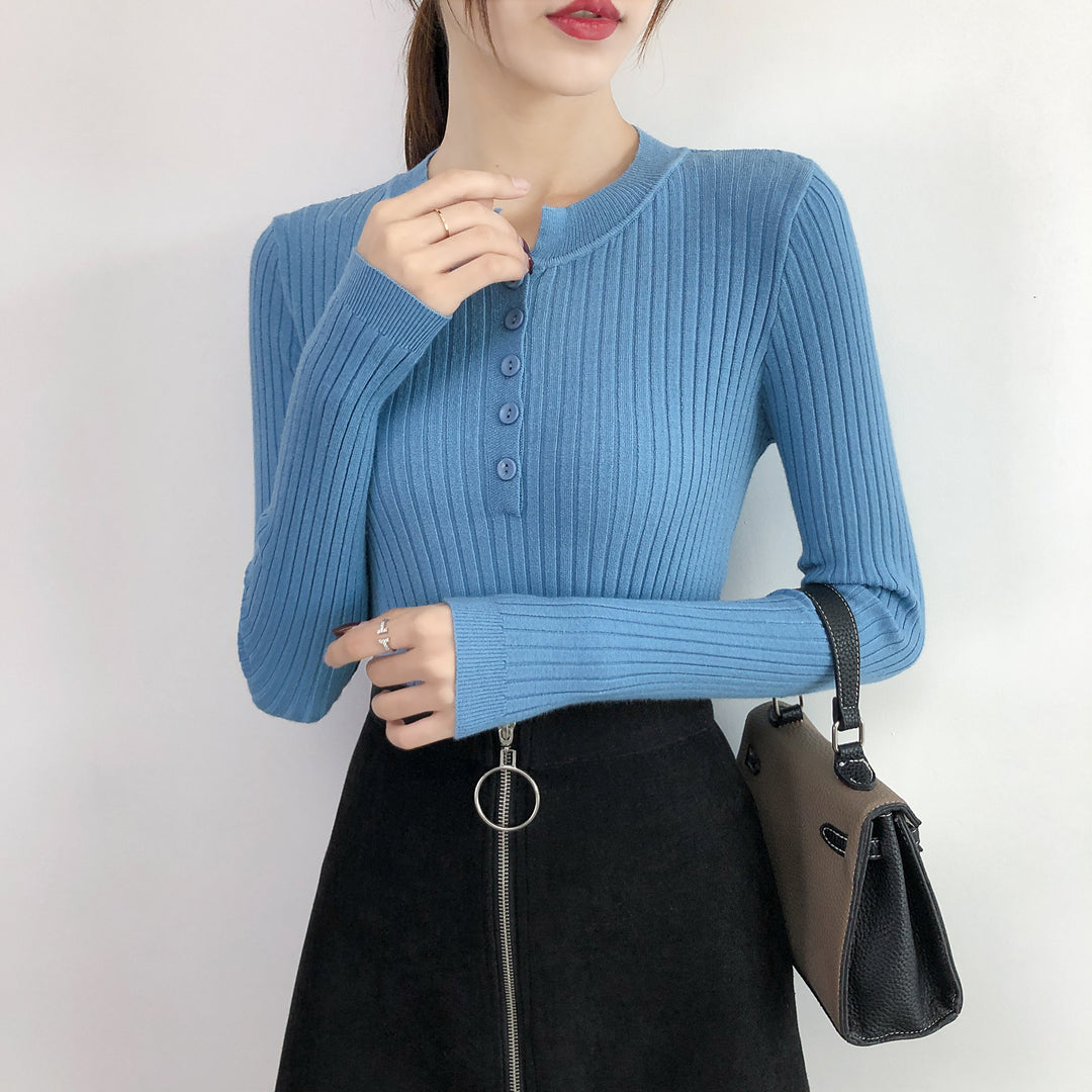 Blue Full Sleeve Crew Neck Buttoned Top