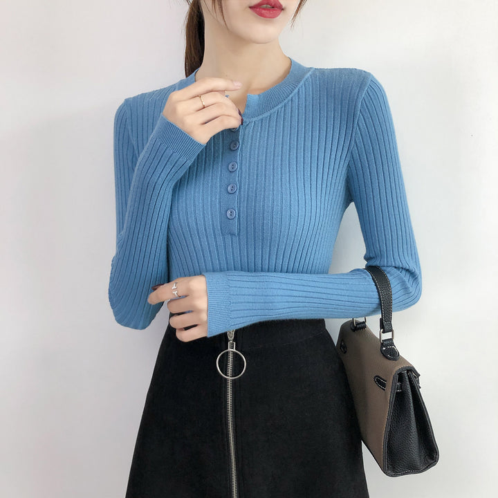 Blue Full Sleeve Crew Neck Buttoned Top