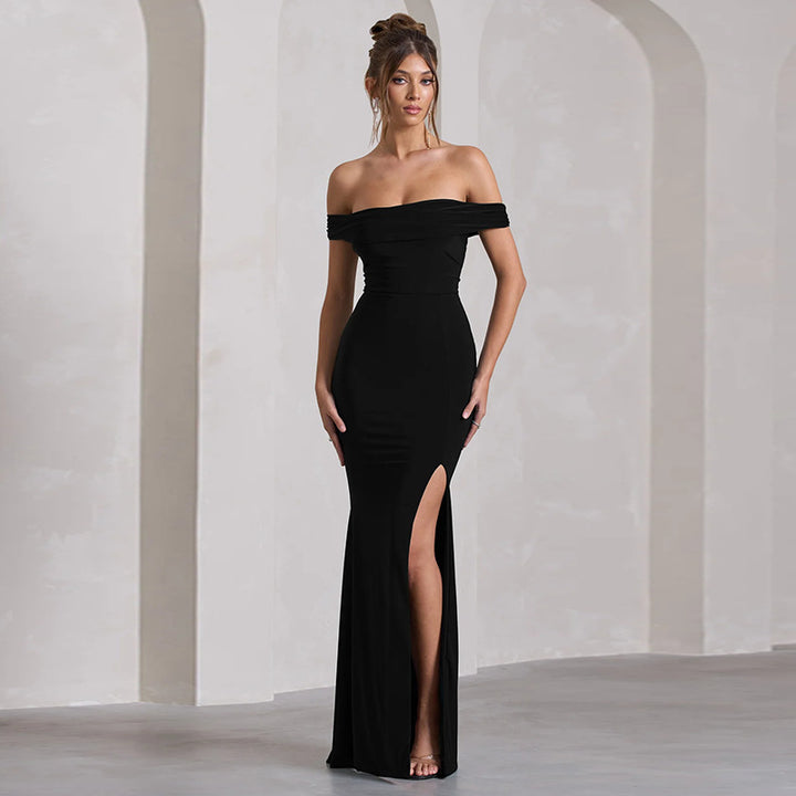 Black Off-Shoulder Maxi Dress With Side Slit