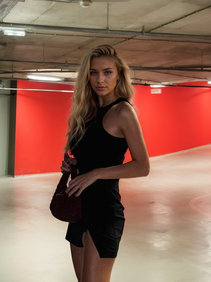 Black Halter Neck Sleeveless Slit Dress