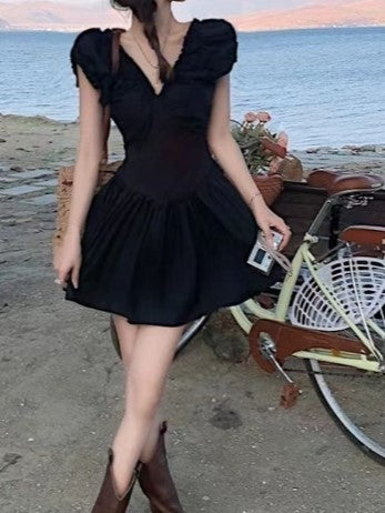 Black V Neck Fit And Flare Mini Dress