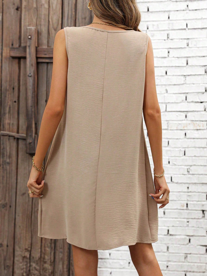 Cream Pleated Scoop Neck Shift Dress