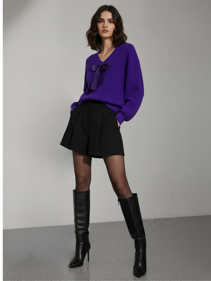 Purple Full Sleeve V Neck Front Bow Sweater