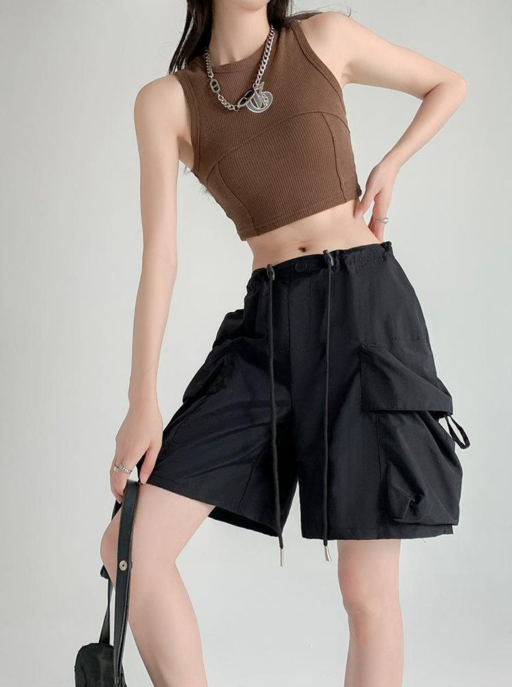 Black Relaxed Fit Drawstring Cargo Shorts