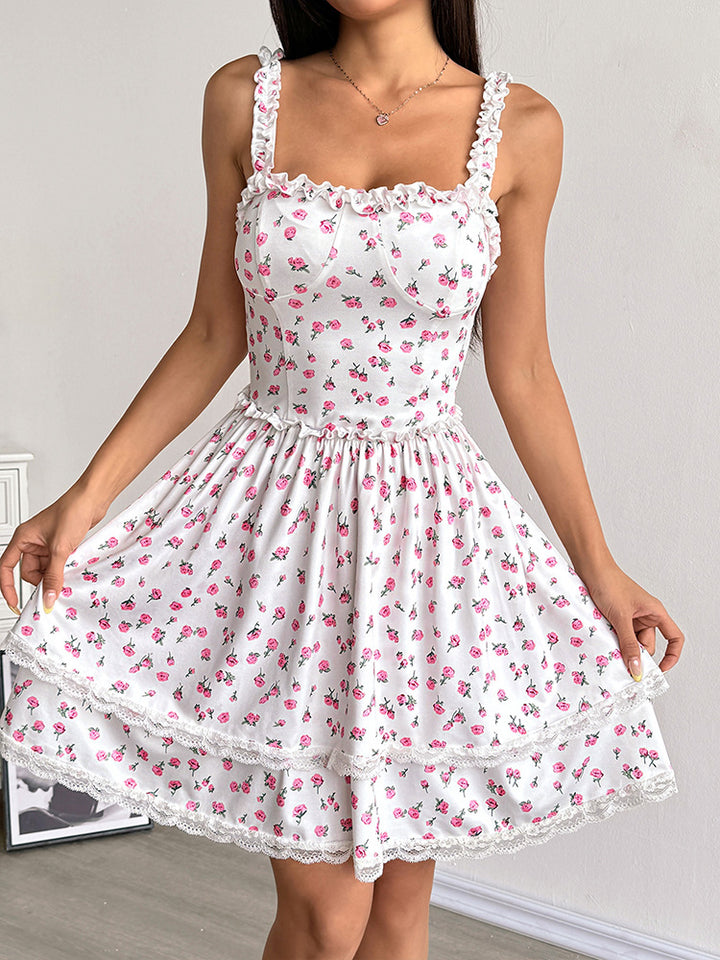 White Frilly Strapped Printed Mini Dress