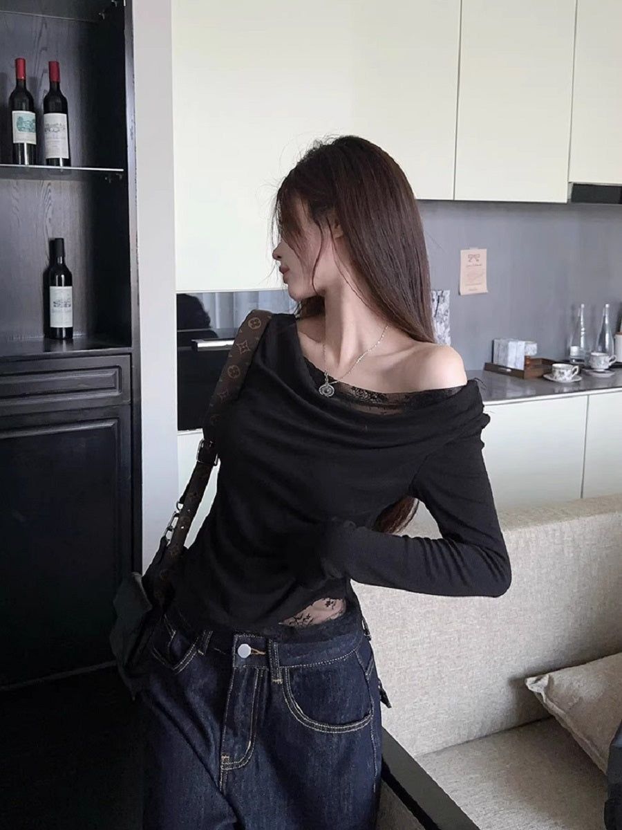 Black Off-Shoulder Top With Lace Inserts