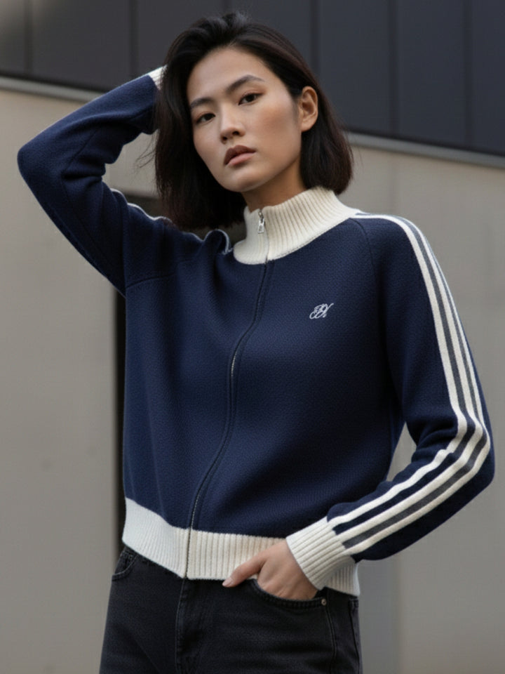 Navy Blue Full Contrast Sleeves Front Zip Jackets