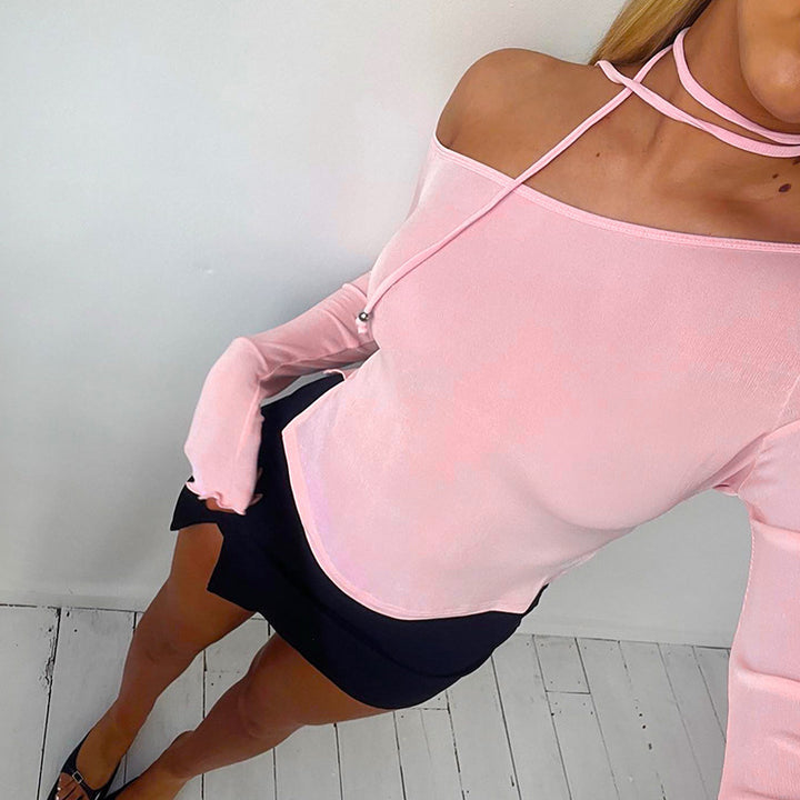 Pink  Full Sleeve One Offshoulder Top