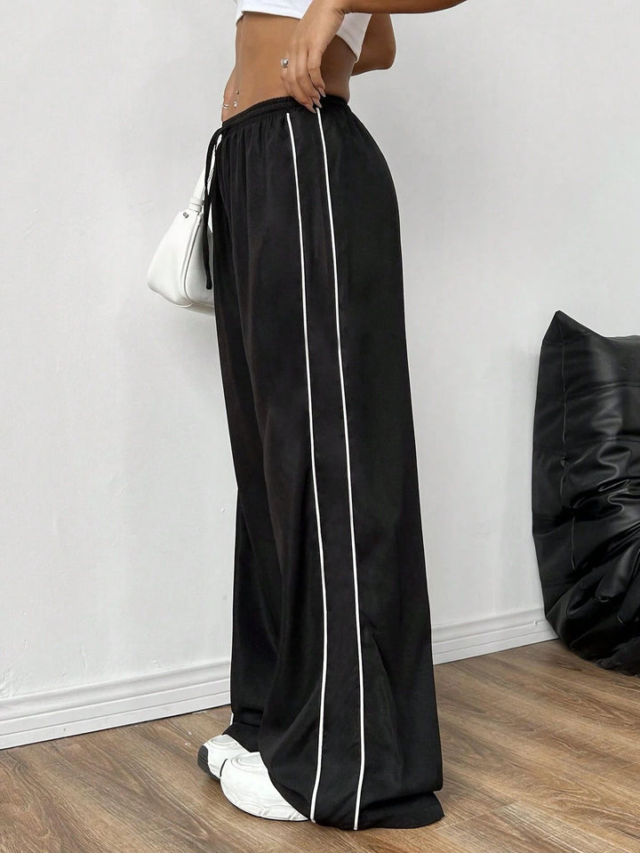 Black Striped Drawstring Wide Leg Joggers