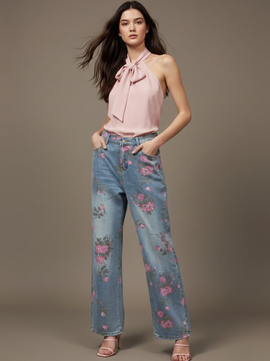 Light Blue High Waist Printed Jeans