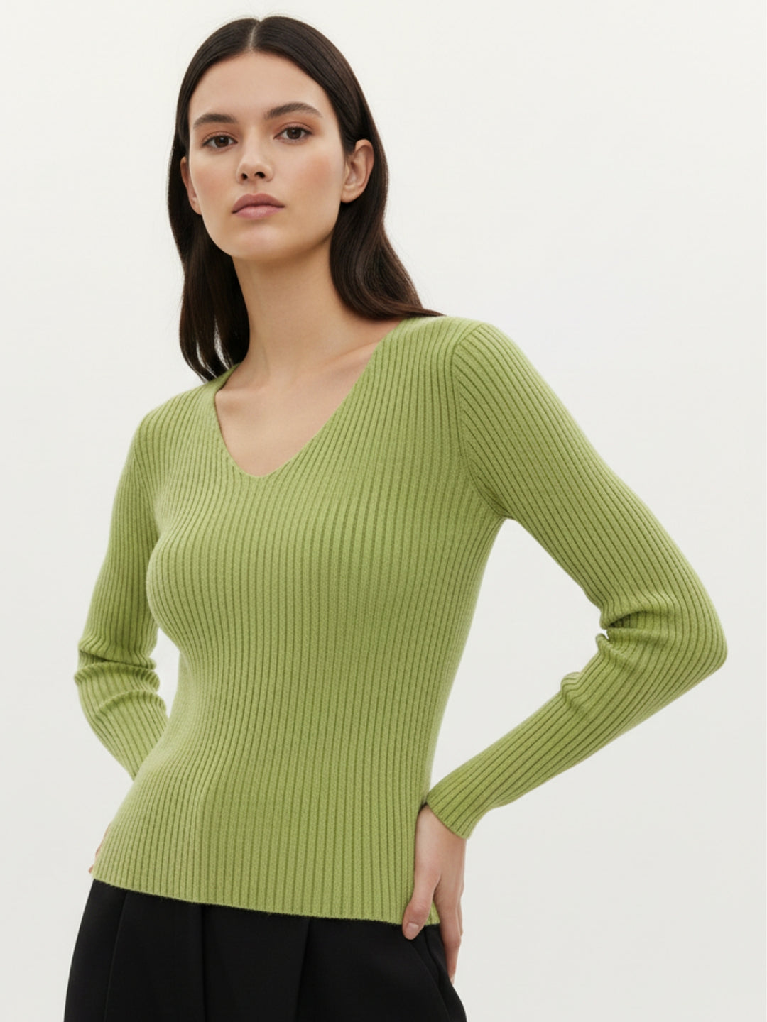 Light Green Full Sleeve V Neck Fitted Top