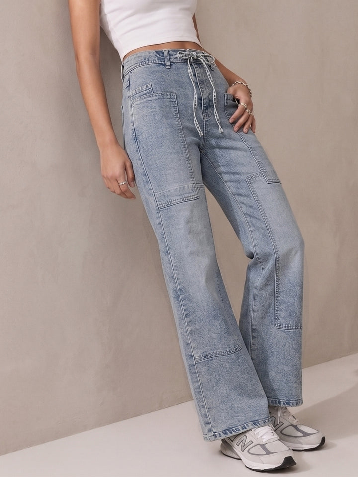 Blue Belt Tie Up Details Baggy Denim