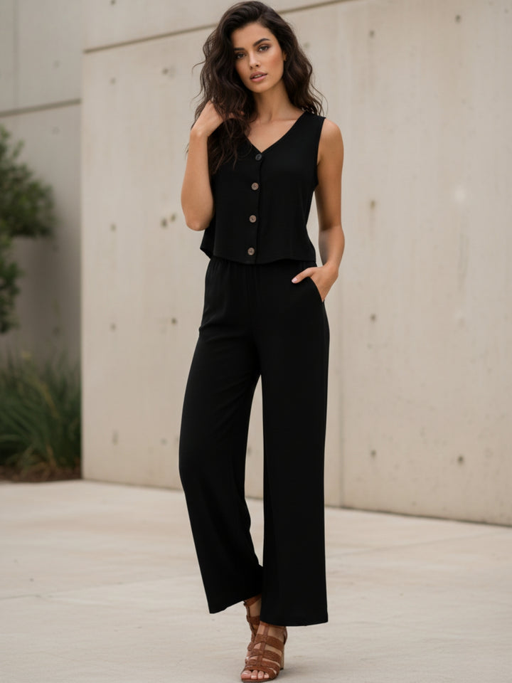 Black Sleeveless Front Button Top And Pant Set
