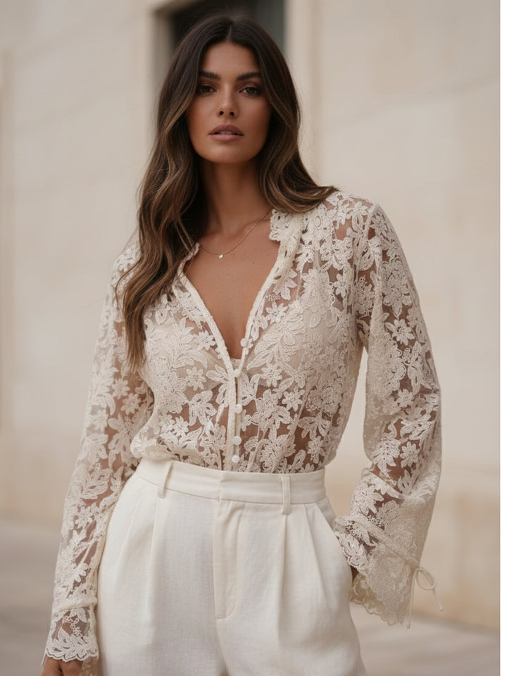 Cream Bell Sleeve Textured V Neck Mesh Top