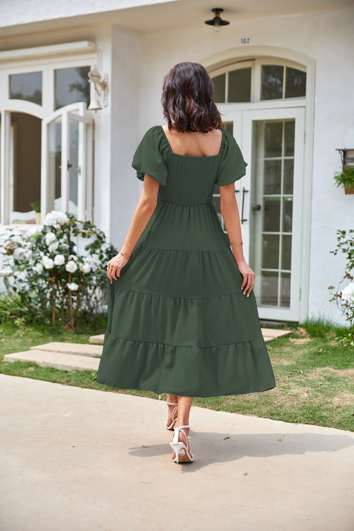 Olive Square Neck Puff Sleeved Tiered Dress
