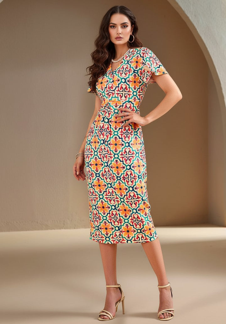 Multi Short Sleeve Printed Dress