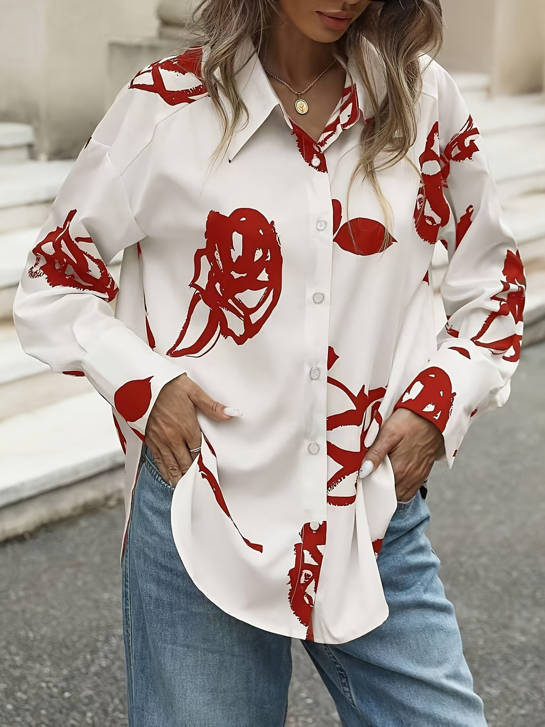 White Full Sleeve Collared Neck Printed Shirt