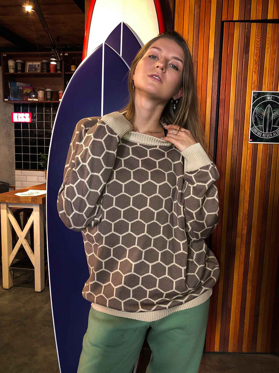 Brown Oversized Honey Comb Printed Sweater