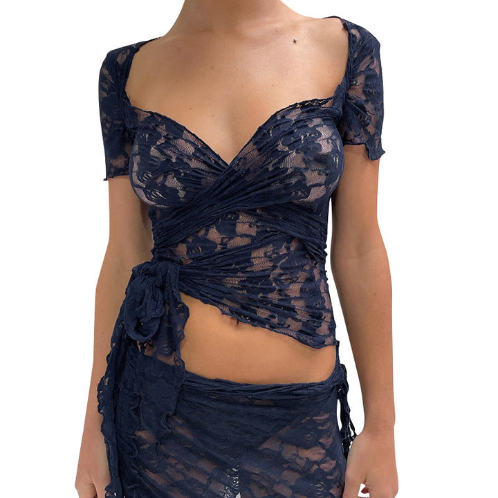 Blue Laced Sweetheart Neck Wrapped Top