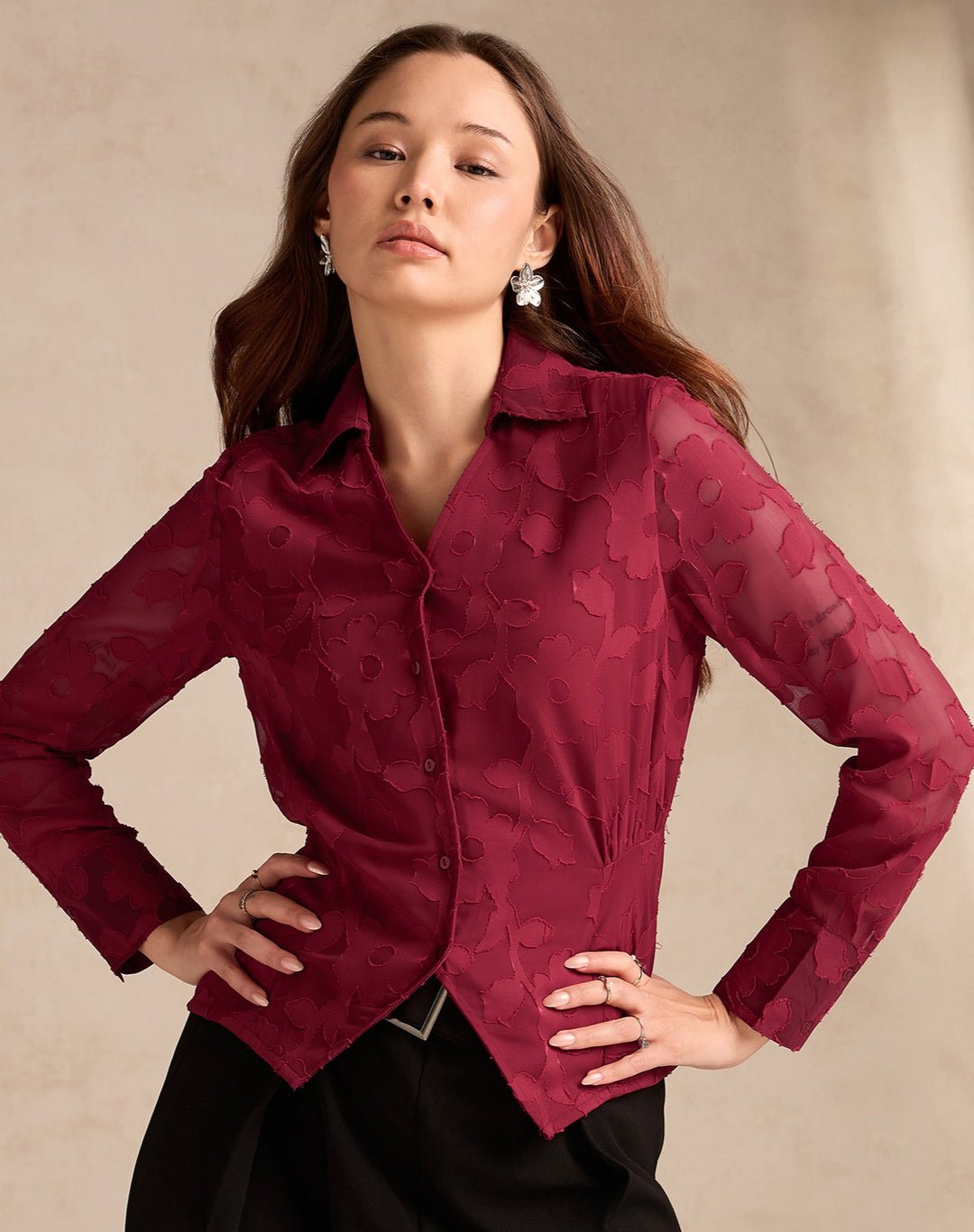 Red Regular Fit Long Sleeves Shirt In Jacquard Fabric