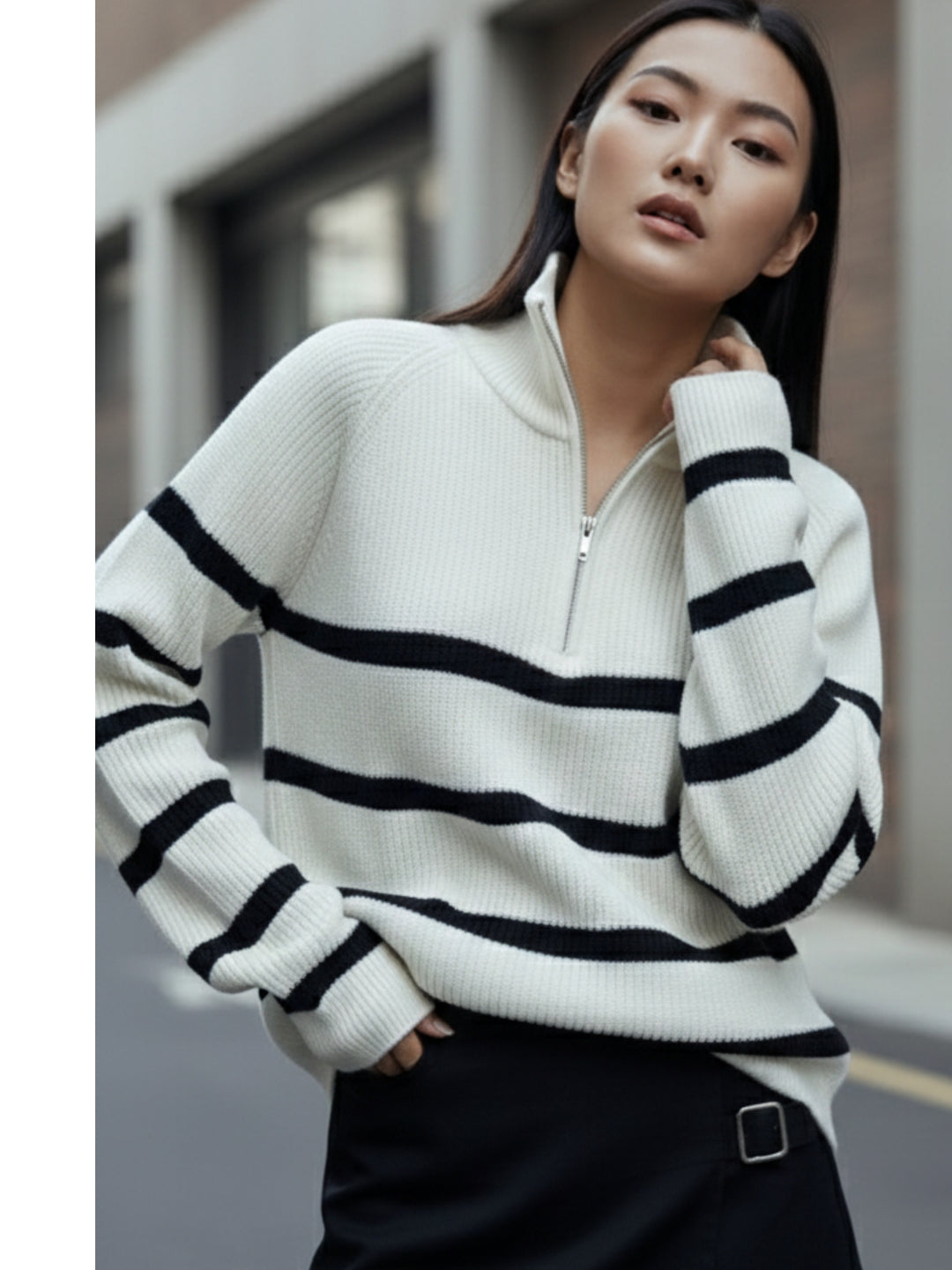 Cream Full Sleeve Striped Half Zip Sweater