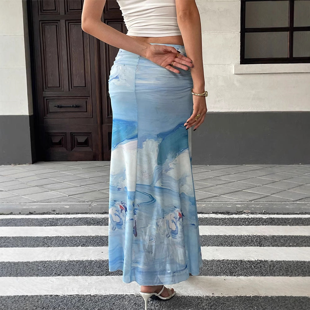 Blue Ruched Fishtail Printed Skirt