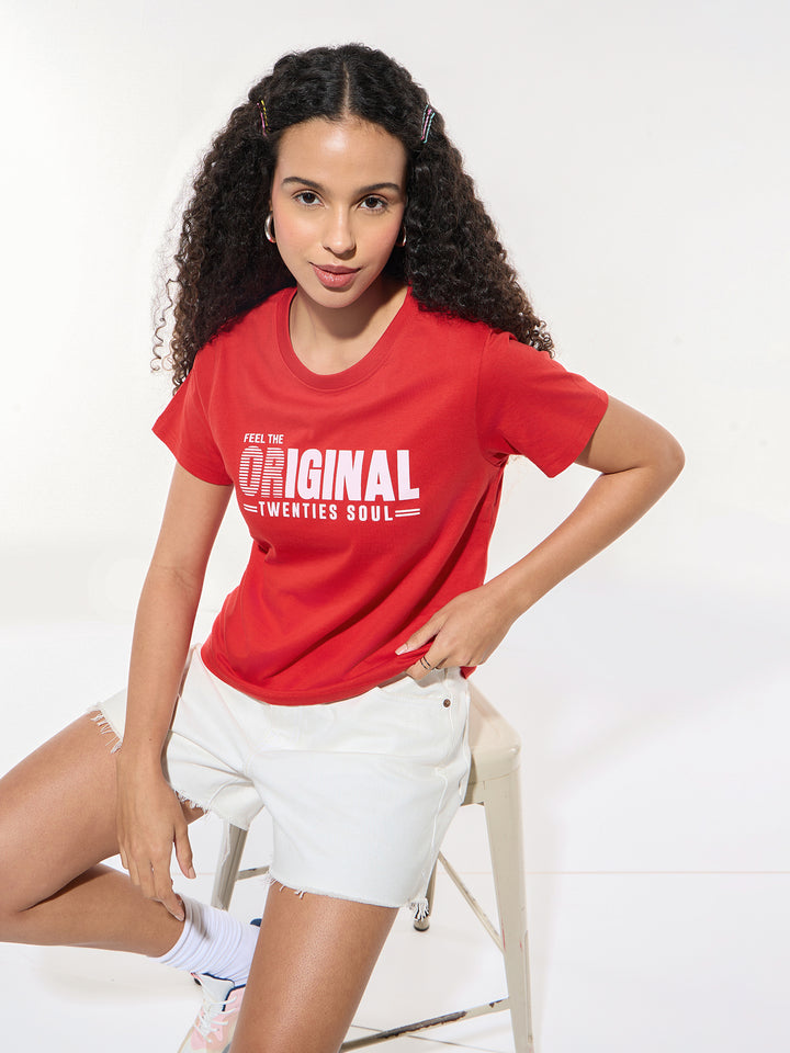 Red Crew Neck Graphic Tshirt