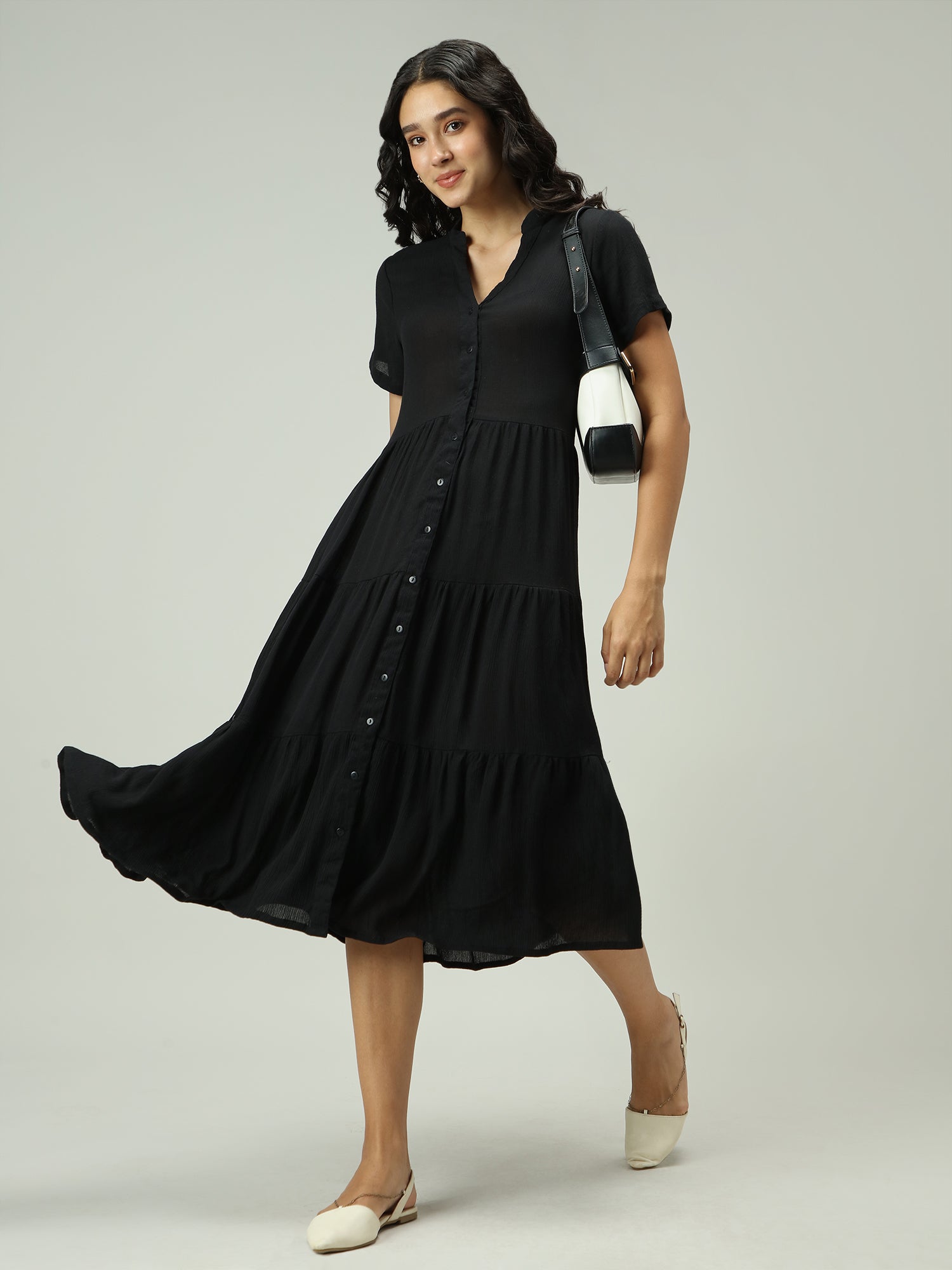 Black Button Down Tiered Midi