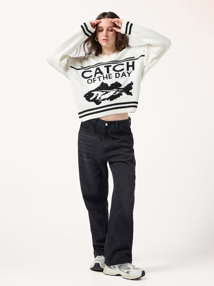 Off White V Neck Graphic Sweater