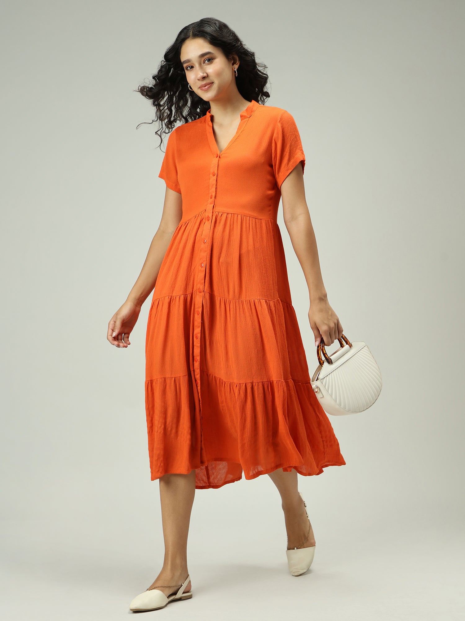 Rust Button Down Tiered Midi