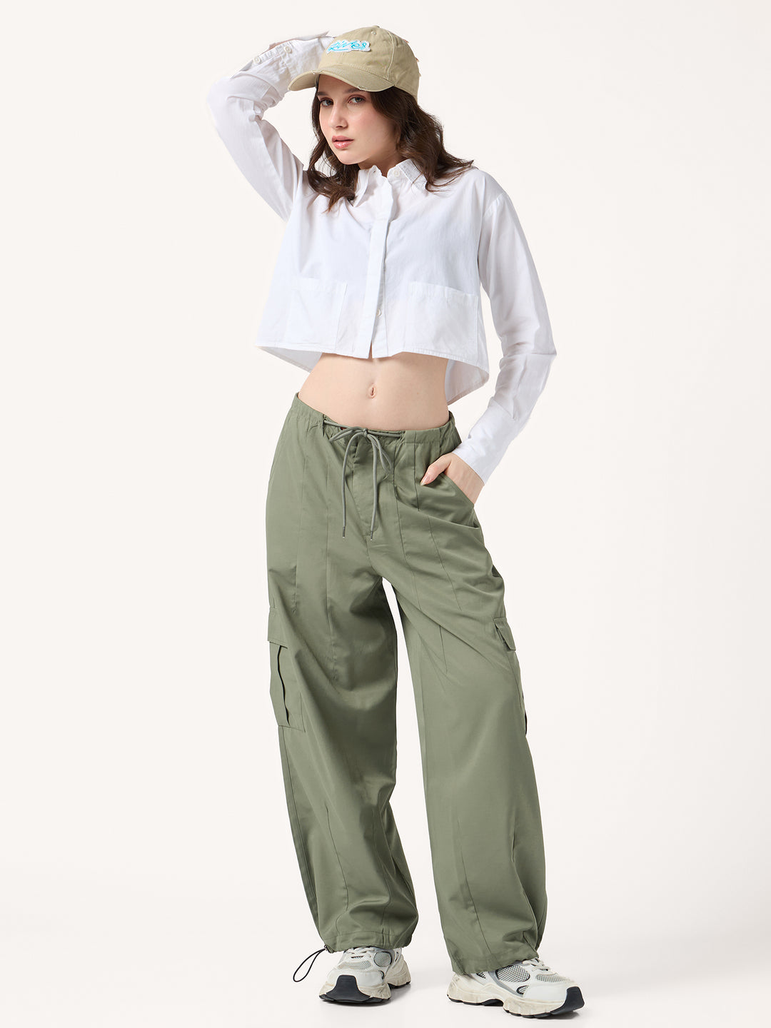 Olive Cargo Pockets Drawstring Wid Leg Trouser