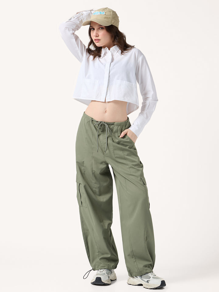 Olive Cargo Pockets Drawstring Wid Leg Trouser