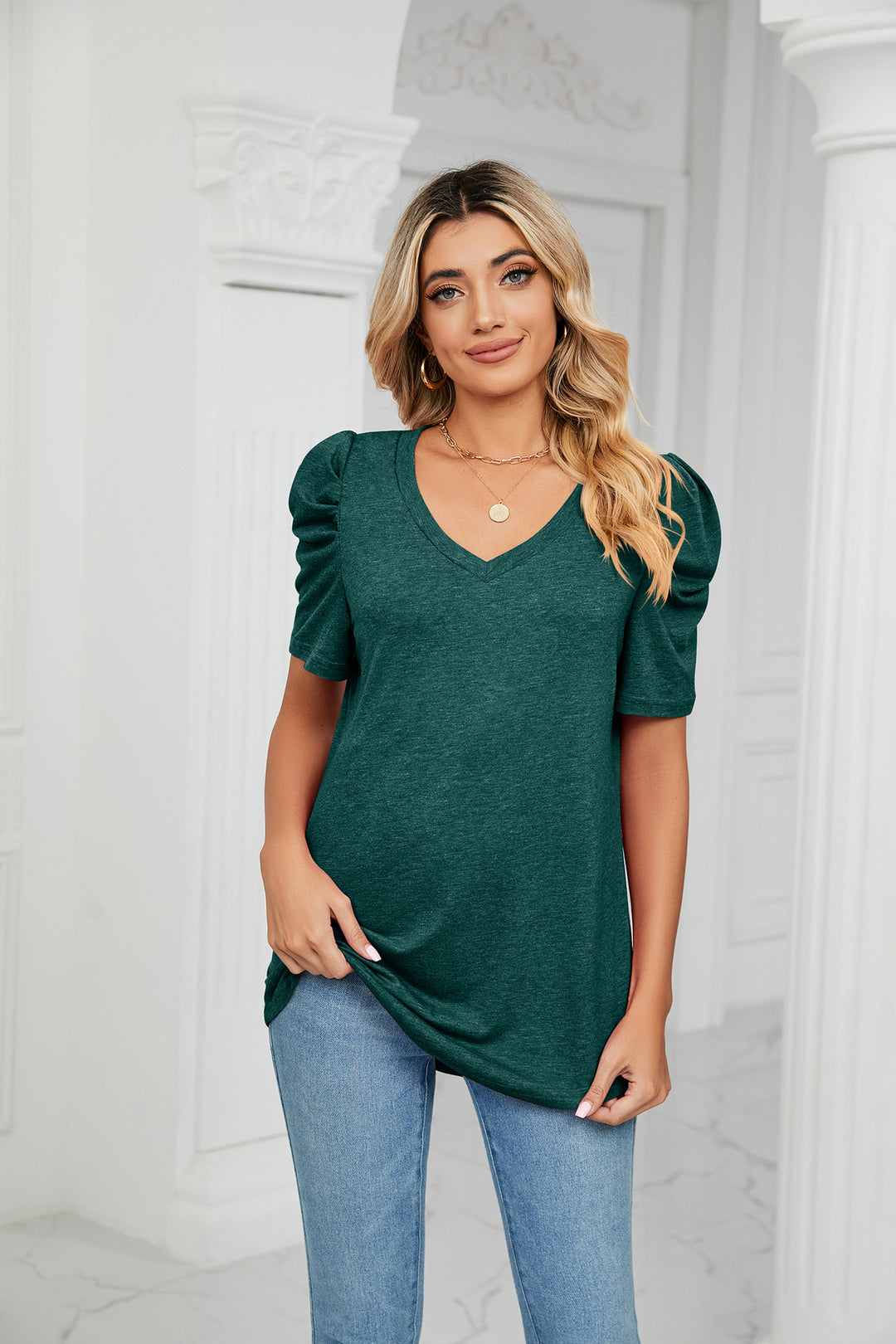 Green Puff Sleeves V Neck Top