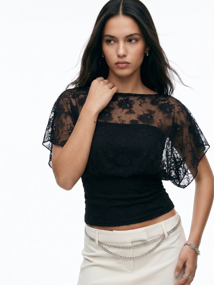 Black Blouson Lace Top