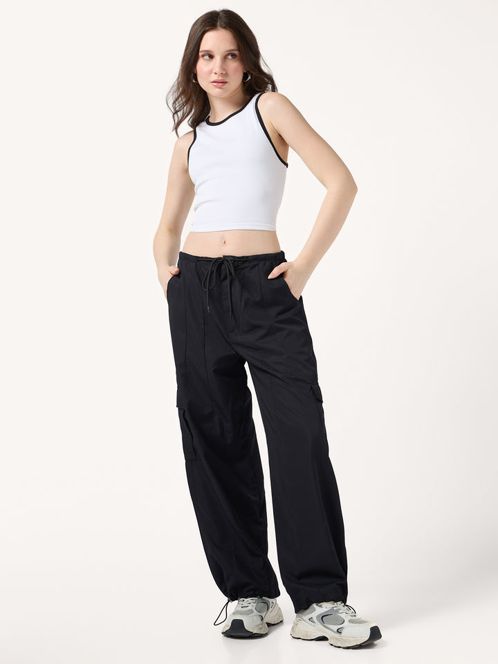 Black Cargo Pockets Drawstring Wid Leg Trouser