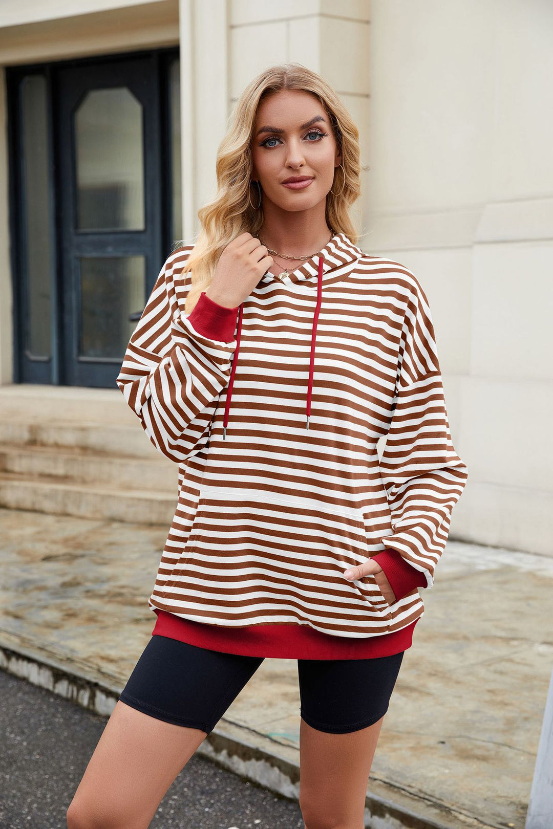 Red Full Sleeve Stripes Hooded Sweatshirt