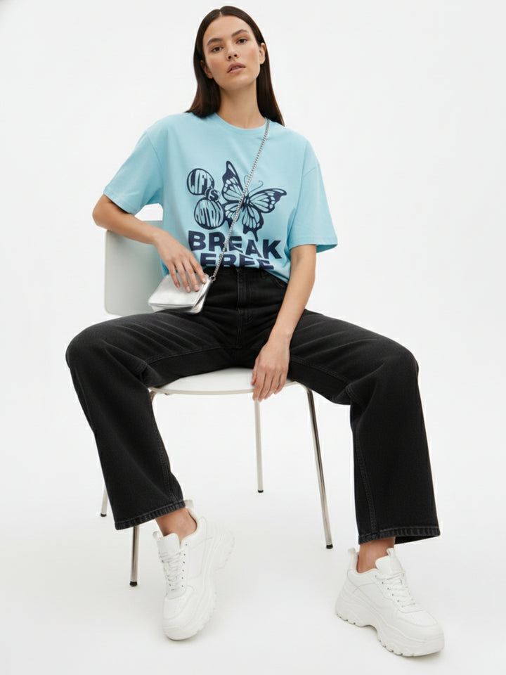 Blue Crew Neck Graphic Tshirt