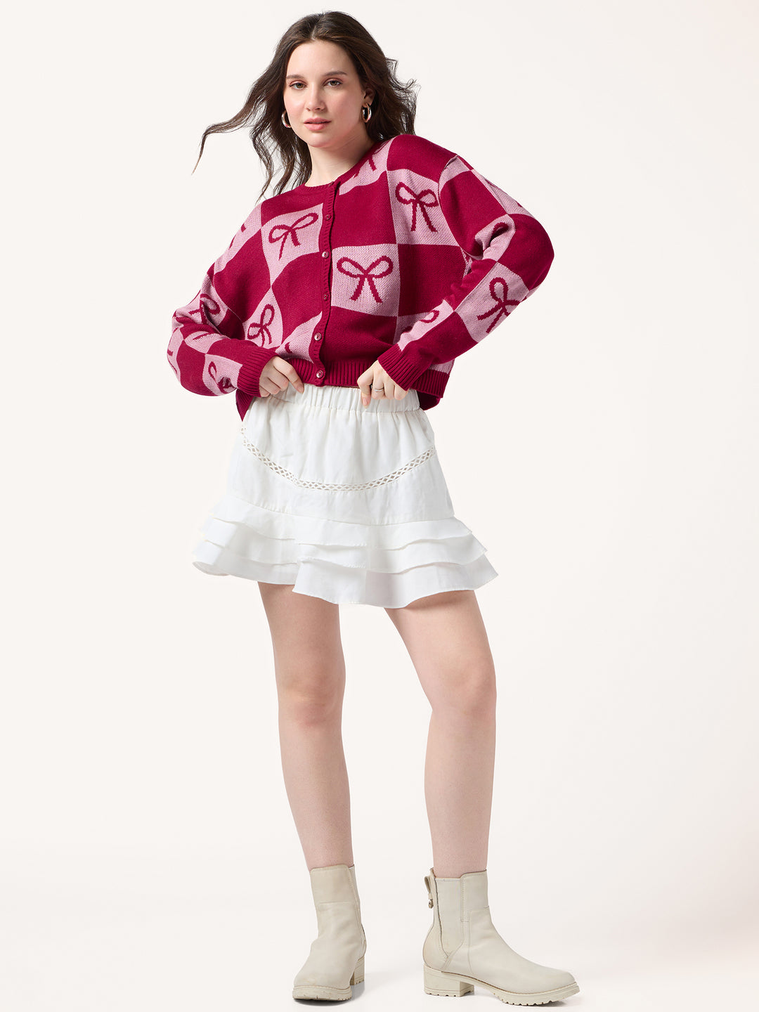 Red Colour Blocked Check With Graphic Bows Cardigan