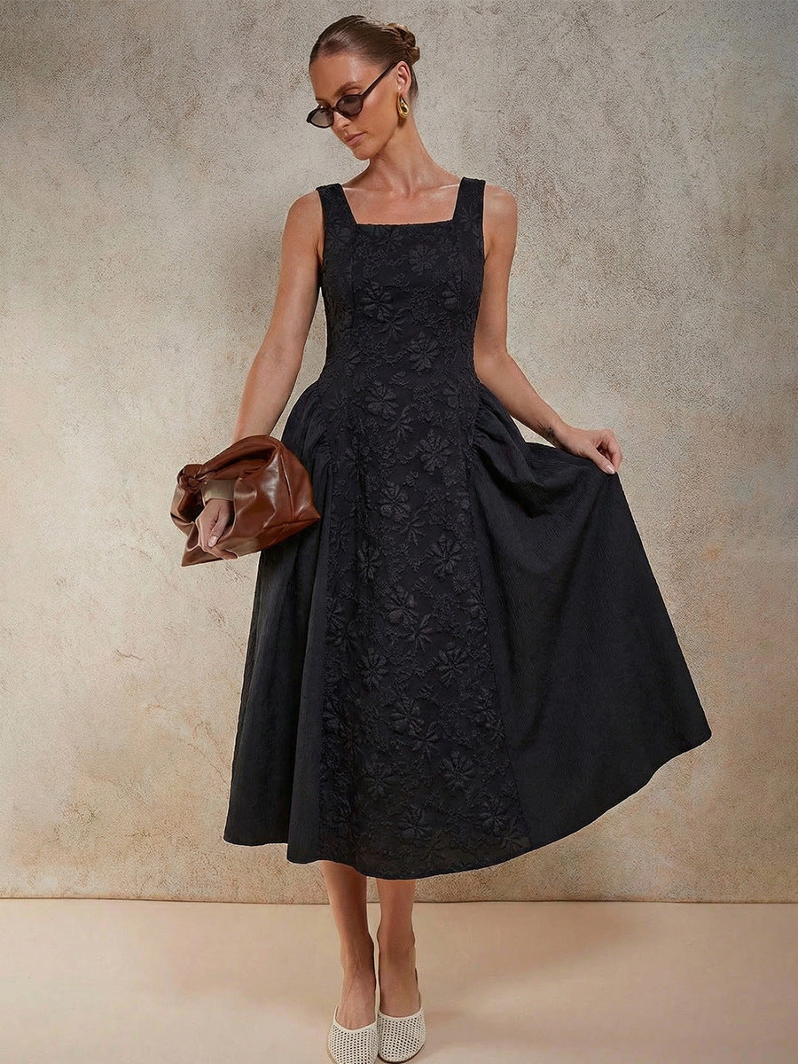 Black Square Neck Cinched Waist Dress