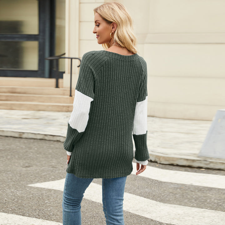Dark Green Full Sleeves Colour Block V Neck Top
