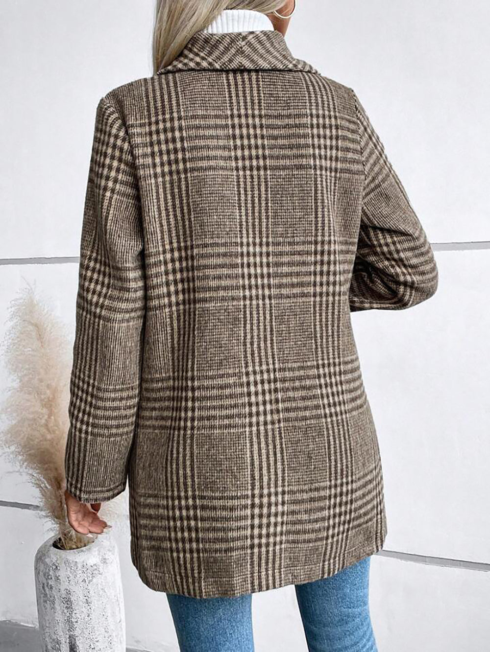 Brown Big Collar Full Sleeve Check Long Coat