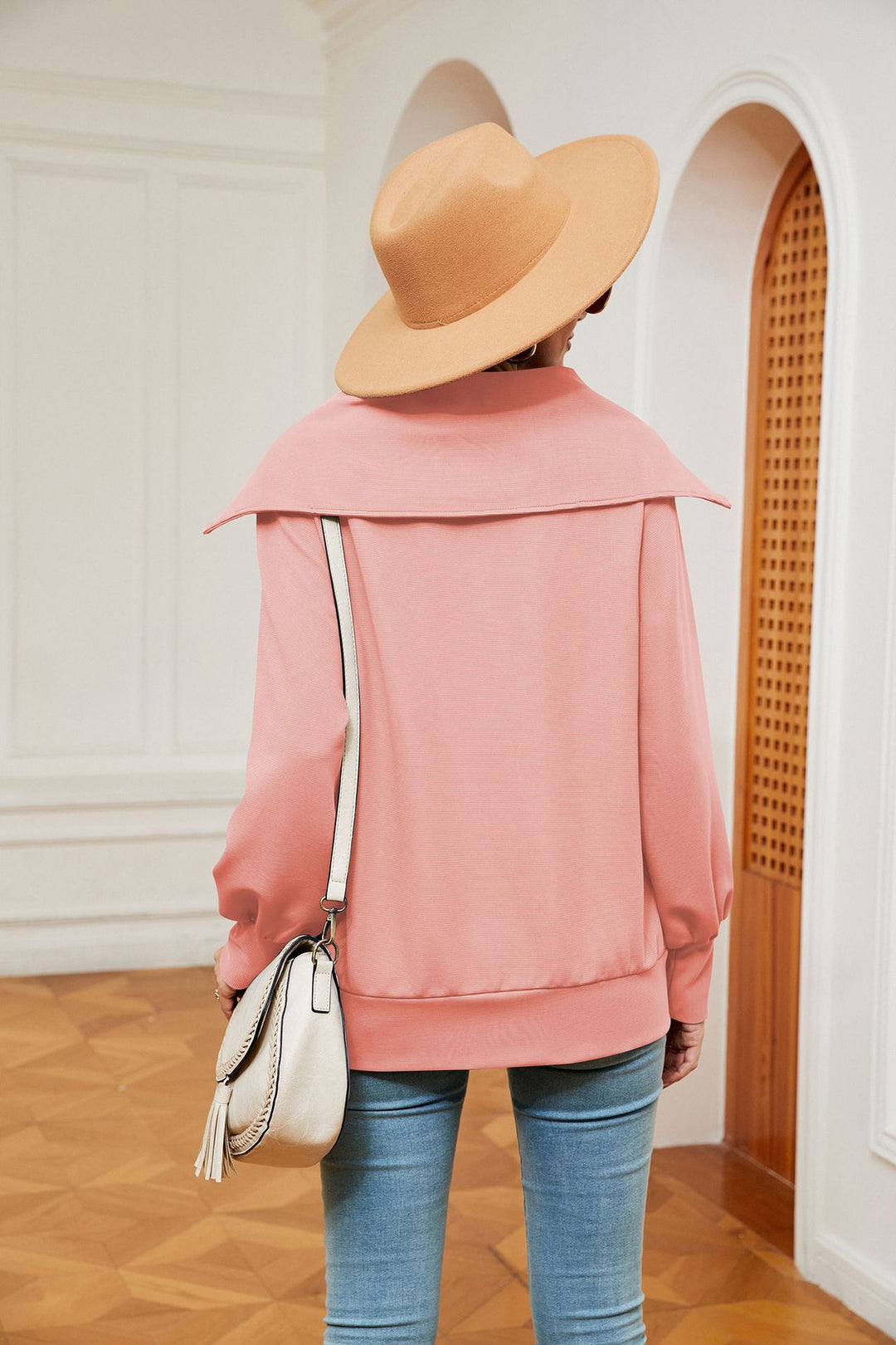 Peach Full Sleeves Big Collar Half Zip Sweatshirt